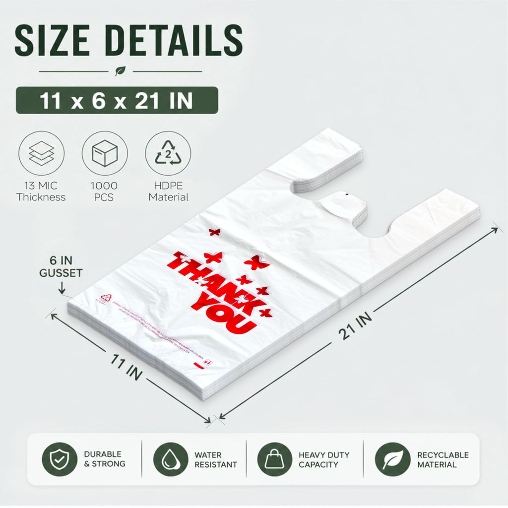 YoYoRain 1000 Count White Thank You T-Shirt Bags, 11 x 6 x 21 in