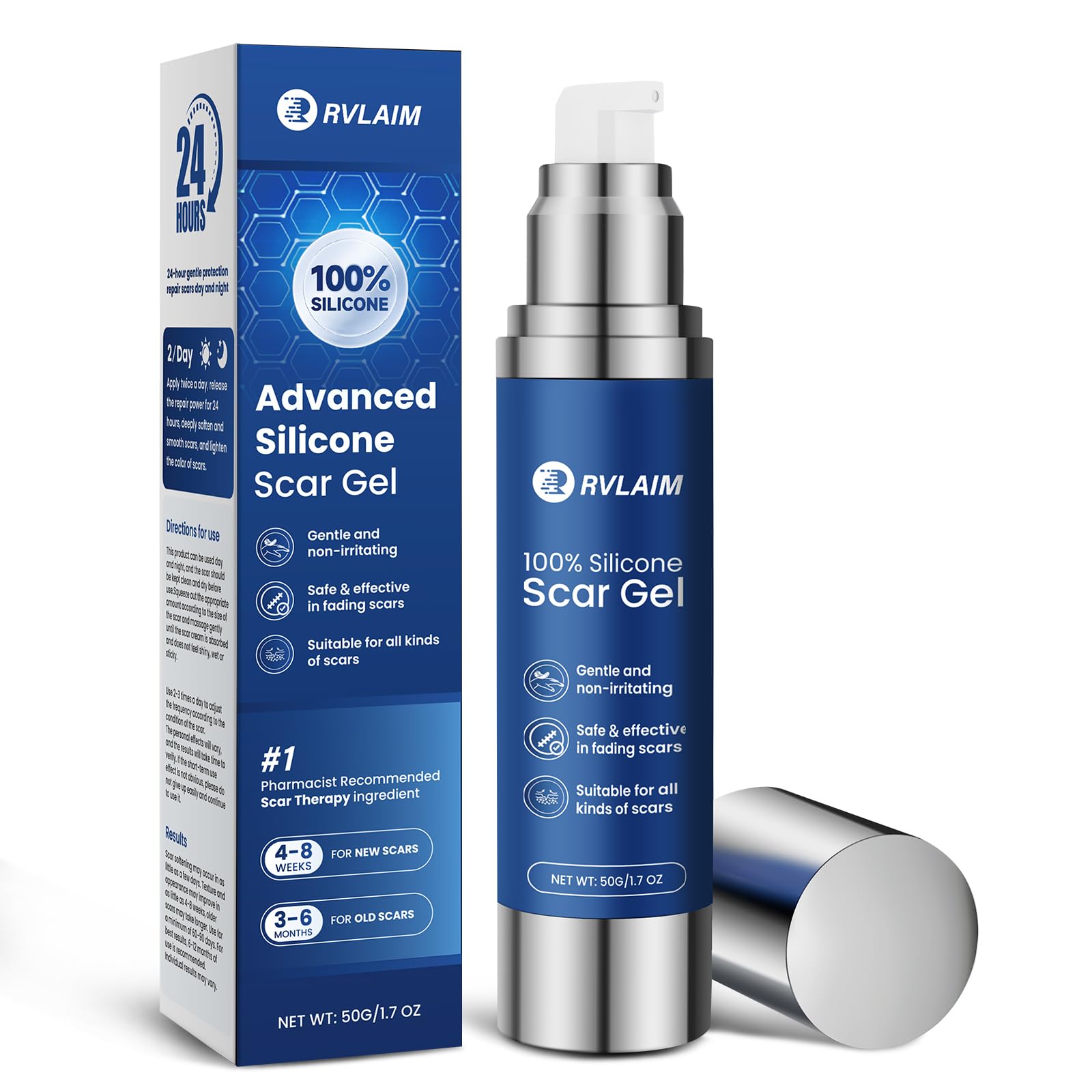 Rvlaim 100% Silicone Scar Gel Scar Cream, Advanced Silicone Gel for Removal of Surgical, Burns, Acne Scar, Old and Recent Scars and Stretch Marks, 1.7 oz/50ml