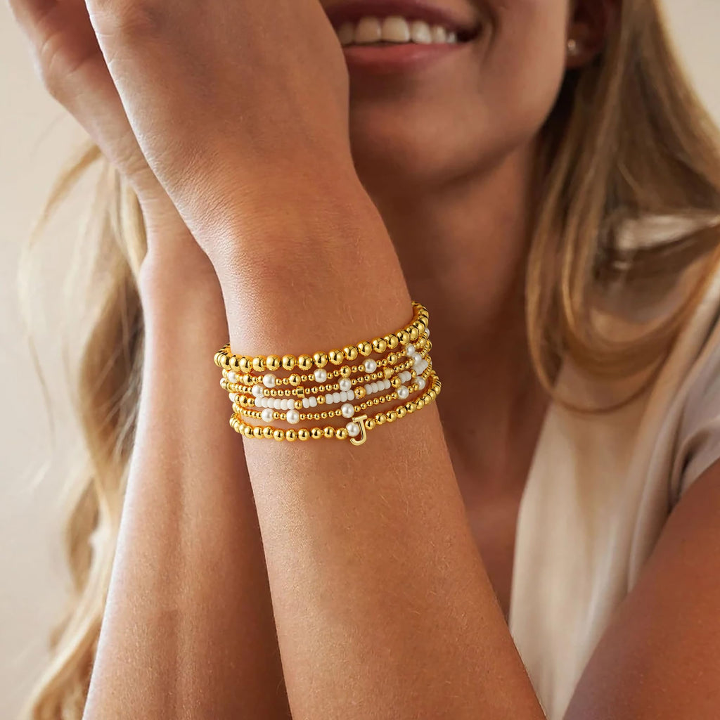 Turandoss 18K Gold Plated Beaded Initial Bracelet for Women Jewelry Gifts