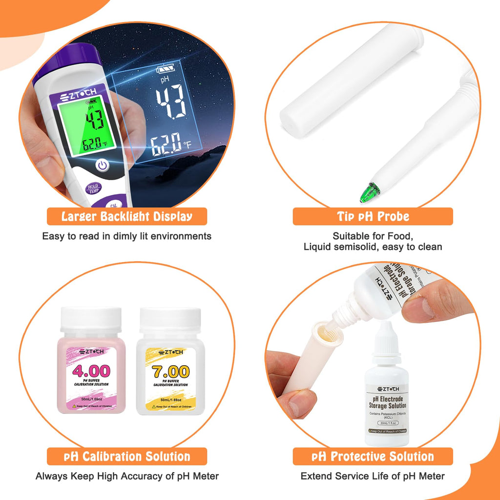 EZTOCH Food pH Meter, Digital pH Meter for Food Fermentation Canning Cooking, Smart Sourdough pH Tester for Bread Cheese Sauces, Measure pH in Water, Brewing, Meat, Sausages, Pickles, Sushi Rice