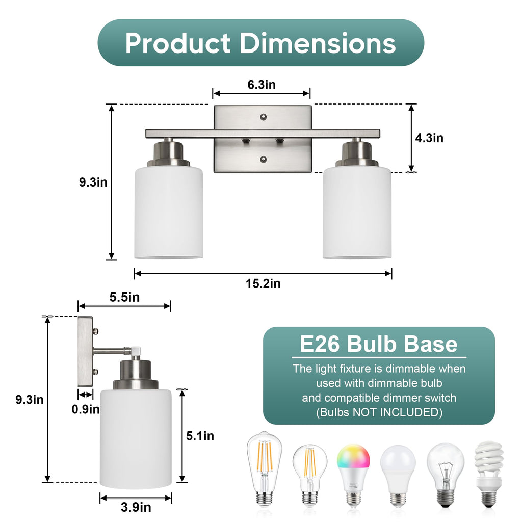 Ascher Bathroom Light Fixtures, 2-Light Vanity Light Over Mirror, Brushed Nickel Wall Sconces with Milky White Frosted Glass Shades, Wall Lamp for Living Room Bedroom, E26 Base(Bulbs Not Included)
