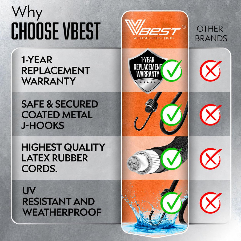 VBEST 6 Piece Strong Bungee Cords with Hooks 36 Inch - Heavy Duty Outdoor Black Bungy Straps with Metal Hooks - 3ftt Bungie Chords Set UV & Weather Resistant