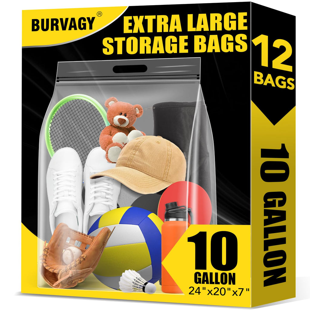 BURVAGY 10 Gallon Extra Large Bags for Storage, 24"x 20”Resealable Clear Bags with Handle, 4 Mil Thick,XL Heavy Duty for Clothes Pillow Travel Organization Moving, Double Zipper Seal, 12 Pack