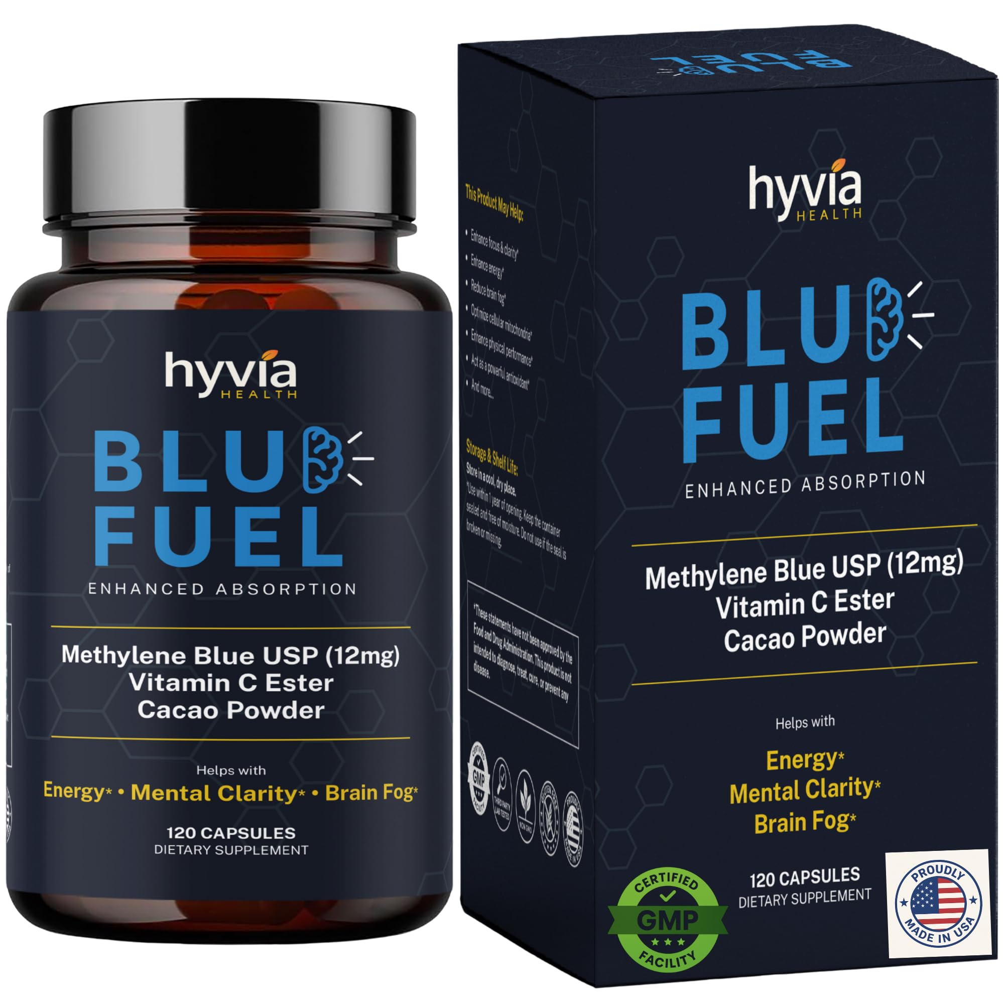 Methylene Blue Capsules - USP Pharmaceutical Grade Supplement For Humans - 120ct w/ Added Vitamin C For Enhanced Absorption - Helps Support Cognitive Energy, Brain Fog, & Mental Clarity | Made In USA