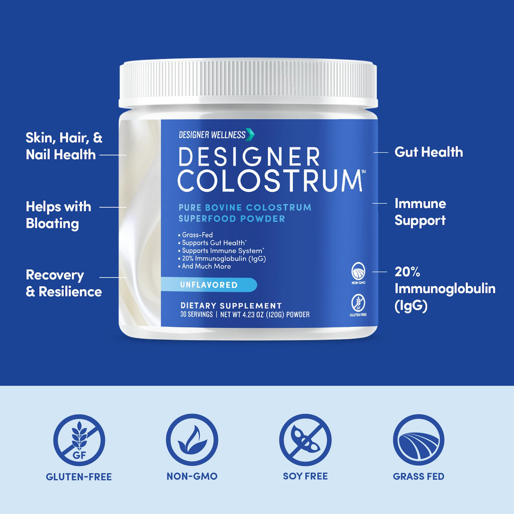 Designer Wellness, Pure Bovine Colostrum Superfood Powder, Gut Health & Bloating, Immune Support, Skin & Hair, Gluten & Fat-Free, Unflavored, 30 Servings
