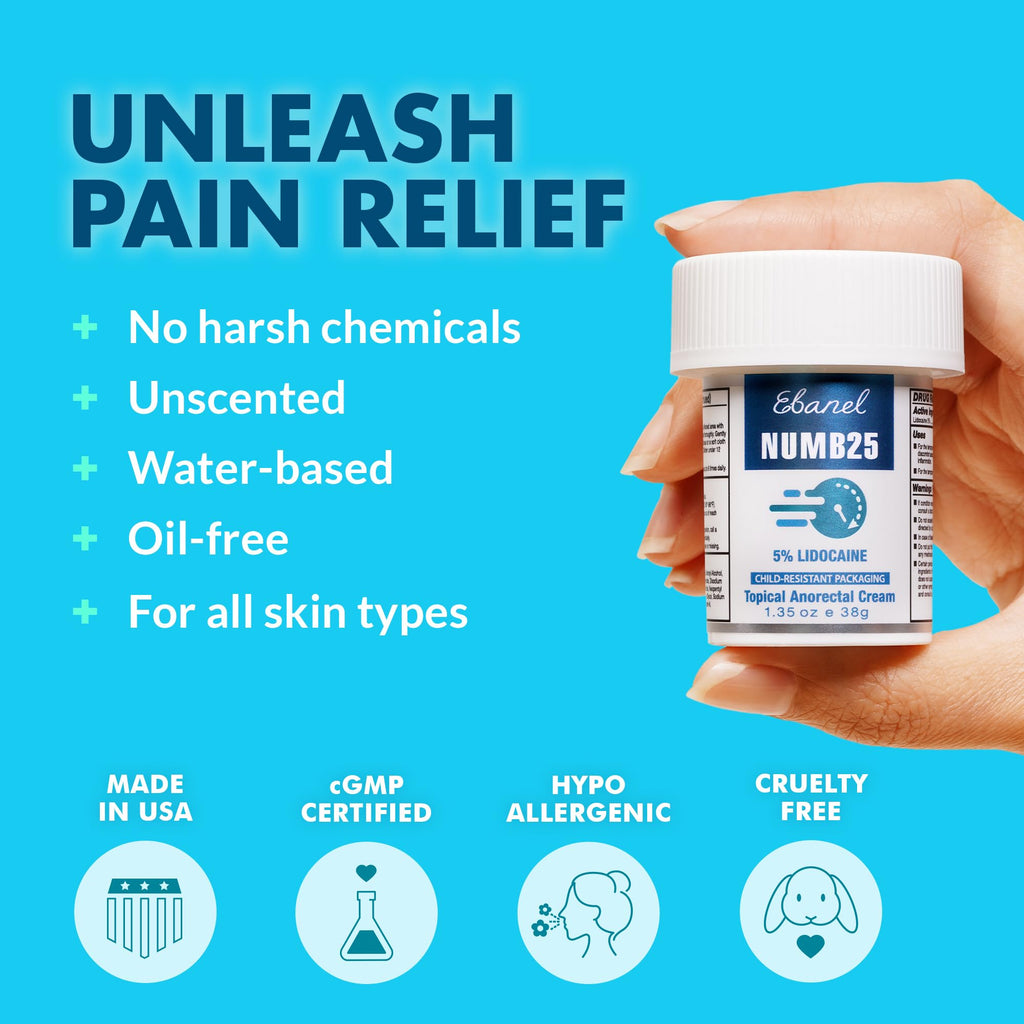 Ebanel 5% Lidocaine Numbing Cream, Pain Relief Cream Burn Itch Cream, 2-Pack Topical Anesthetic Lidocaine Cream Maximum Strength with Vitamin E for Local and Anorectal Uses, Hemorrhoid Treatment