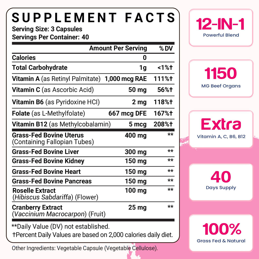 12-In-1 Beef Organ Supplement for Women - Beef Liver, Uterus, Kidney, Heart, Pancreas, 5 Vitamins & 2 Herbs, Hormone Balance, Menstruation, Energy, Immune - 100% Grass Fed, Pasture Raise - 120 Caps