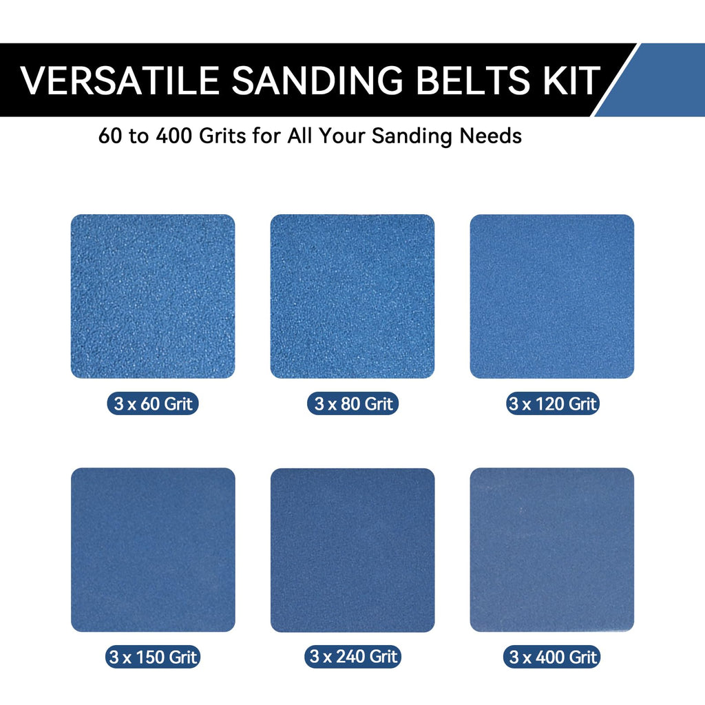 Aolabela 4x24 Inch Sanding Belts 18 Pcs 6 Grits Sizes (3 Each of 60/80/120/150/240/400 Grits) Heavy Duty Belt Sander Zirconia Belt Sander Paper for Wood, Metal, Stainless Steel, Cars, and Furniture