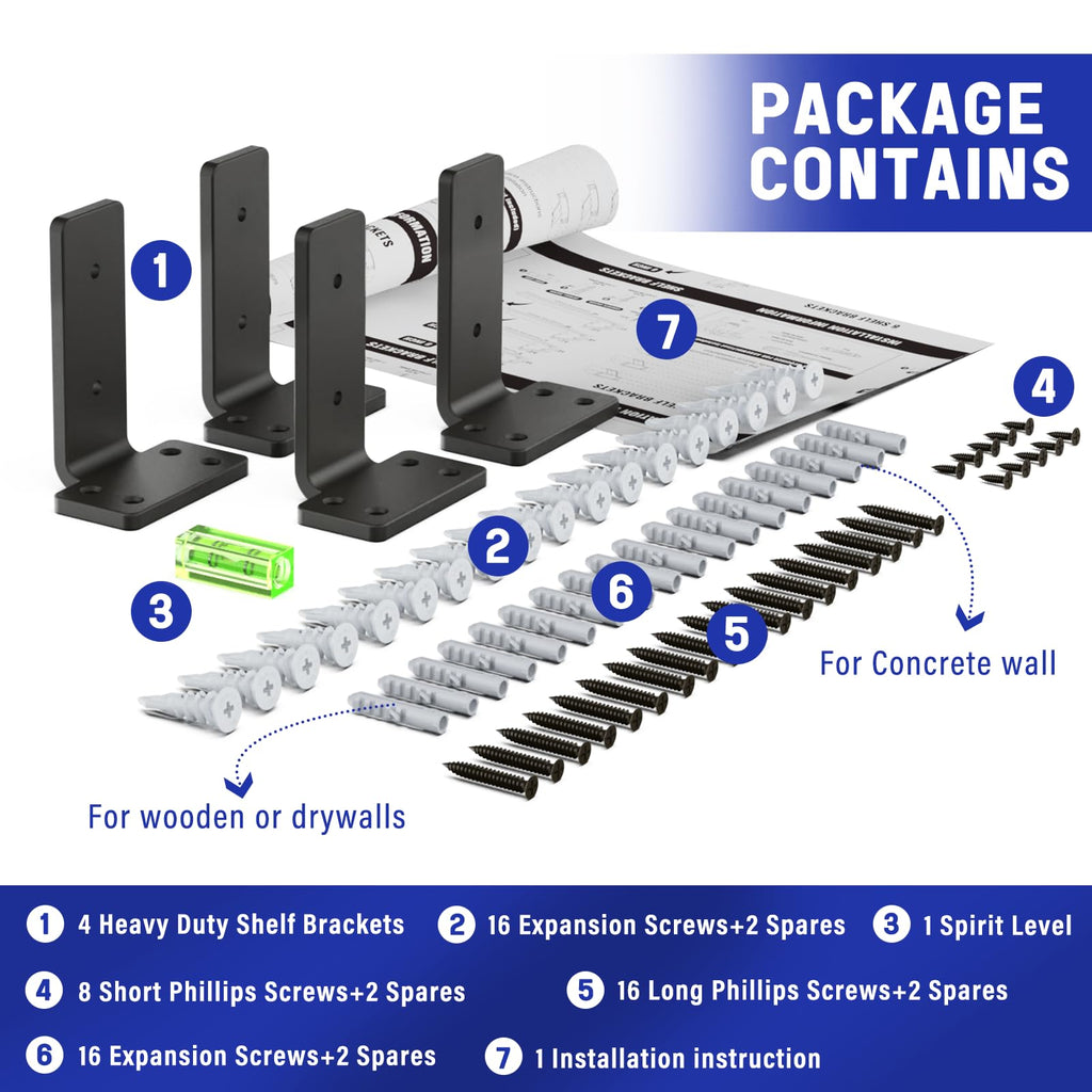 Goovilla Shelf Bracket, Heavy Duty Floating Shelf Brackets 4 inch Long, 4 Pack Brackets for Shelves, Black Coated Metal Wall Shelf Support Brackets with 1/5 Inch Thick and 160 lb. Load Capacity