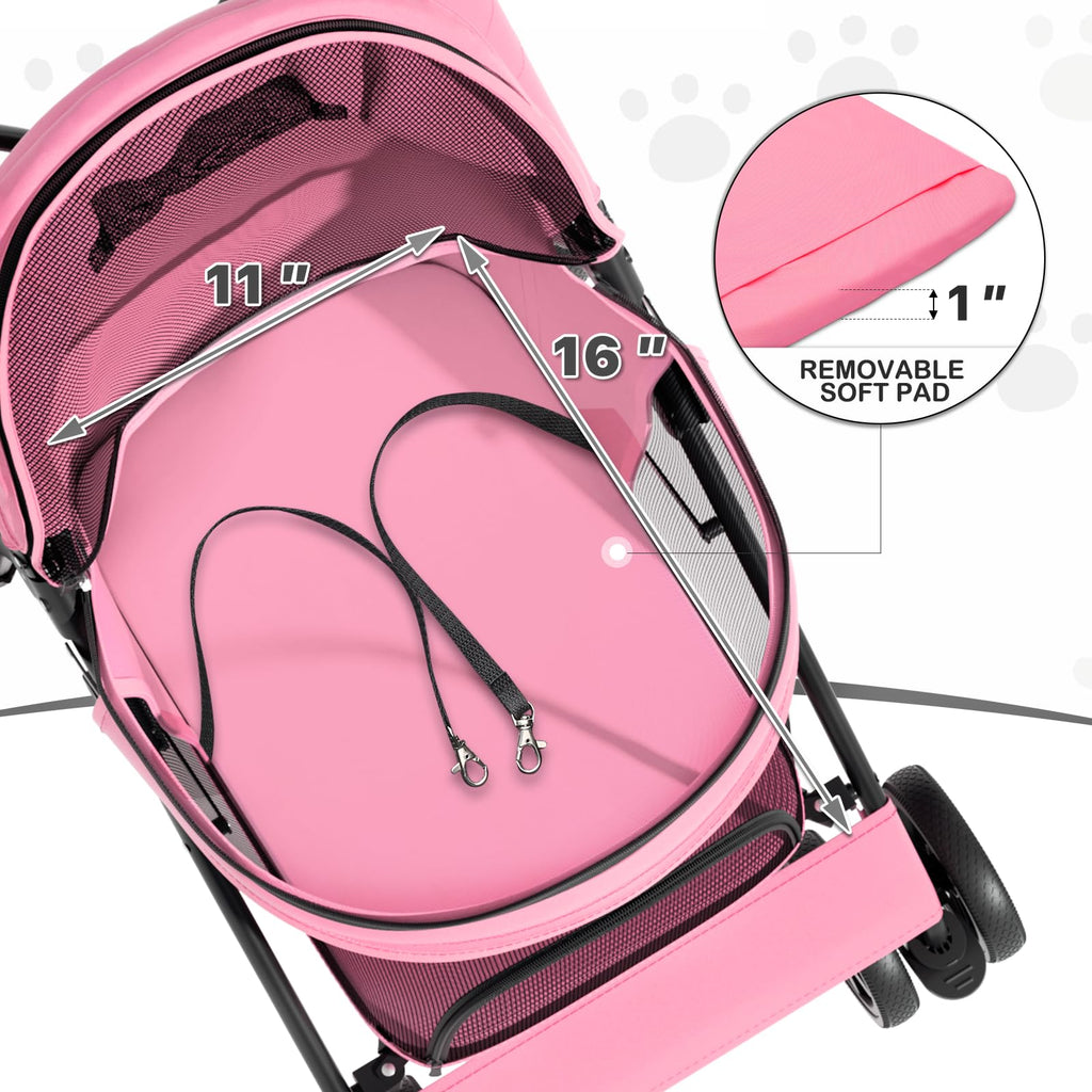 MoNiBloom 4 Wheels Pet Stroller, Easy-Fold Puppy Cage Jogger Stroller with Sun Cover, Pad and Rear Storage Bag, Breathable and Visible Mesh for Small/Medium Pets up to 22 lbs, Pink