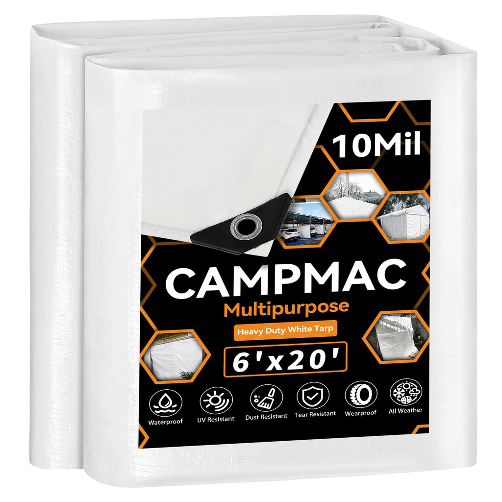 CAMPMAC White Heavy Dut Waterproof Tarp 6' x 20', 10 Mil Thick, High Durability, Rip and Tear Resistant with Metal Grommets Every 20 Inches