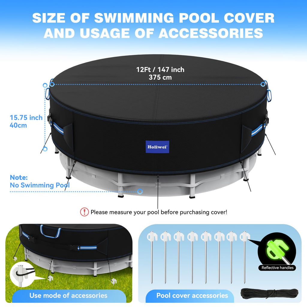 Holiwei 12 Ft Round Pool Cover with Reflective Strips, 420D Swimming Pool Cover for Above Ground Pools, Solar Cover with Drawstring and Ground Nails for Dustproof, UV Protected