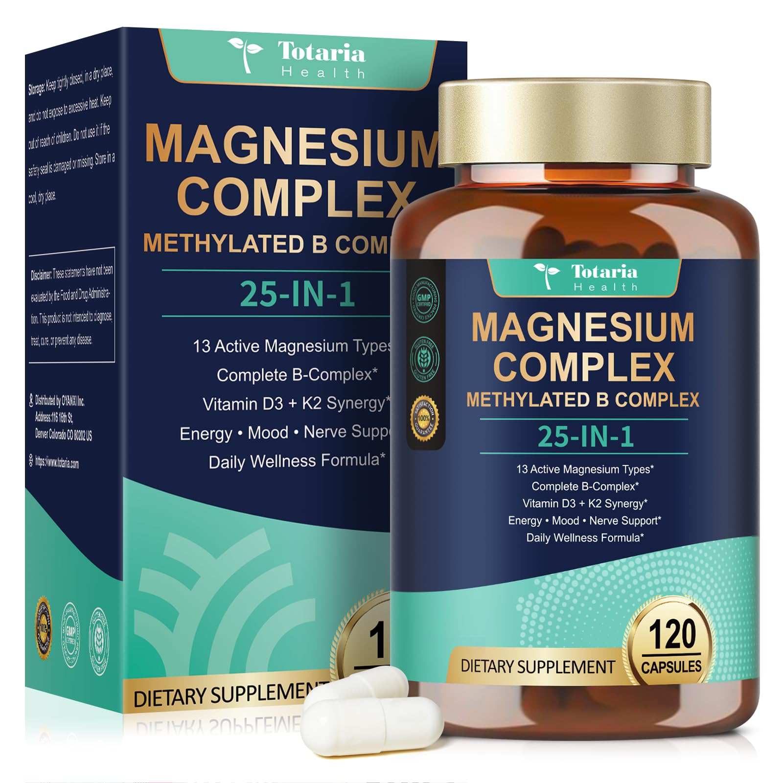25-in-1 Magnesium Complex with Methylated B Complex Magnesium Glycinate Citrate Malate Taurate Gluconate Aspartate Carbonate D3 K2, Magnesium Supplement for Relaxation Energy & Nerve, 120 Vegan Caps