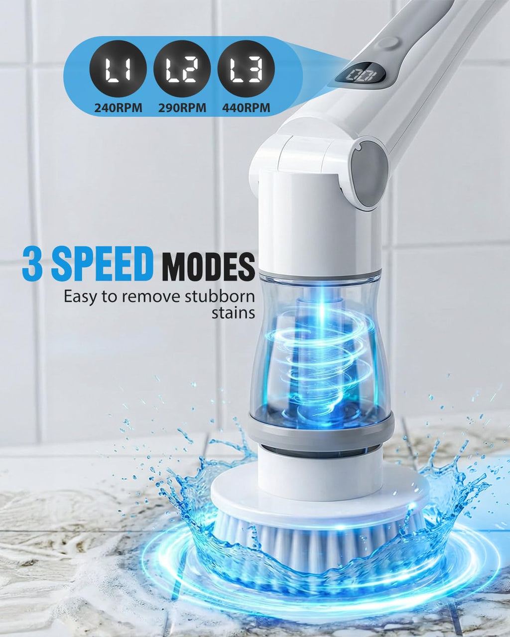 Cordless Electric Spin Scrubber, 4 Angles with 8 Replaceable Brush Heads, Adjustable Handle 3 Speeds with LED Display-90Mins Runtime, IPX7 Waterproof Scrubber Cleaner Brush for Bathtub Bathroom