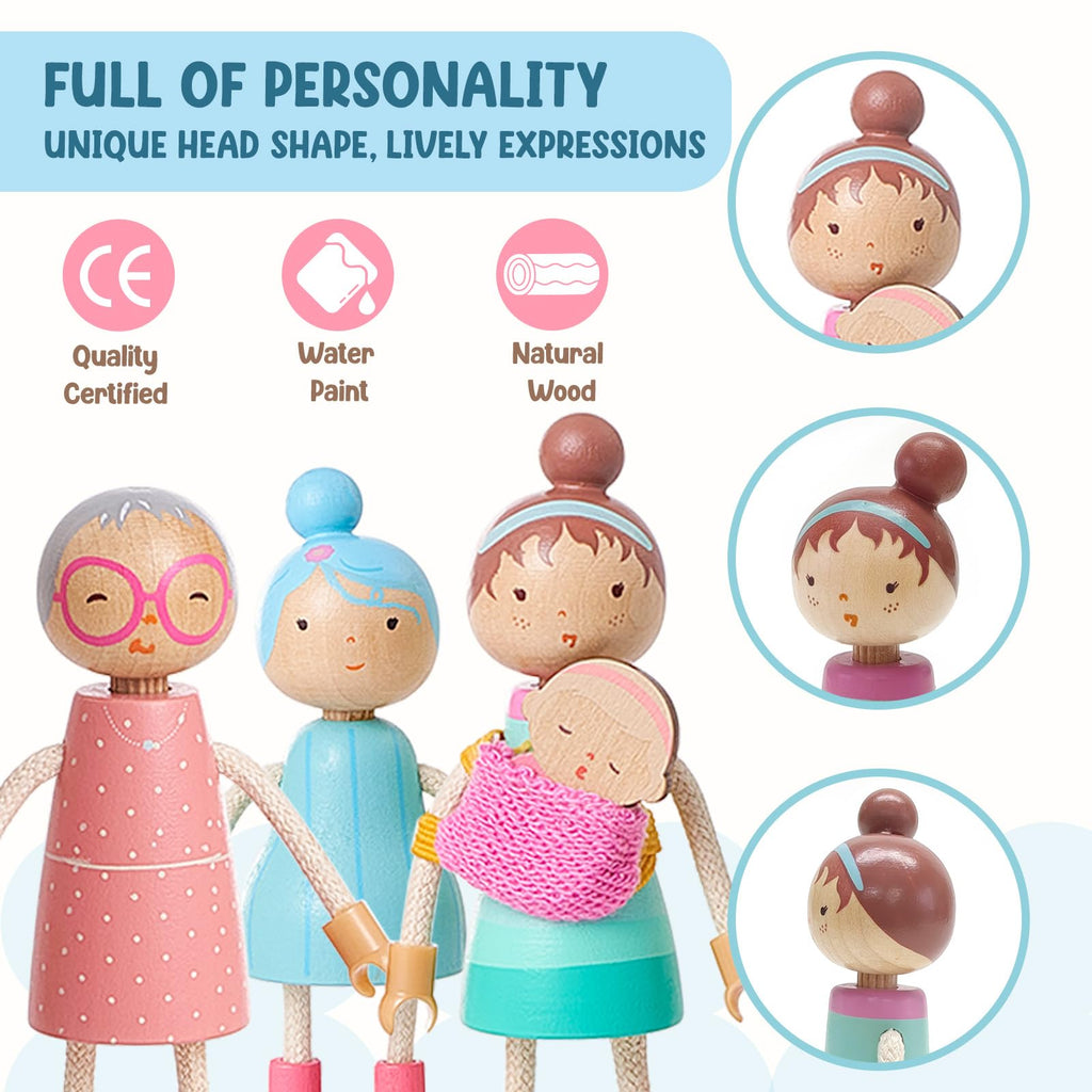 Giant bean Wooden Family Dolls Set of 7 for Dollhouse, Dollhouse People Miniature Dollhouse Accessories Toy for Boys Girls Kids Pretend Play 3 Years up