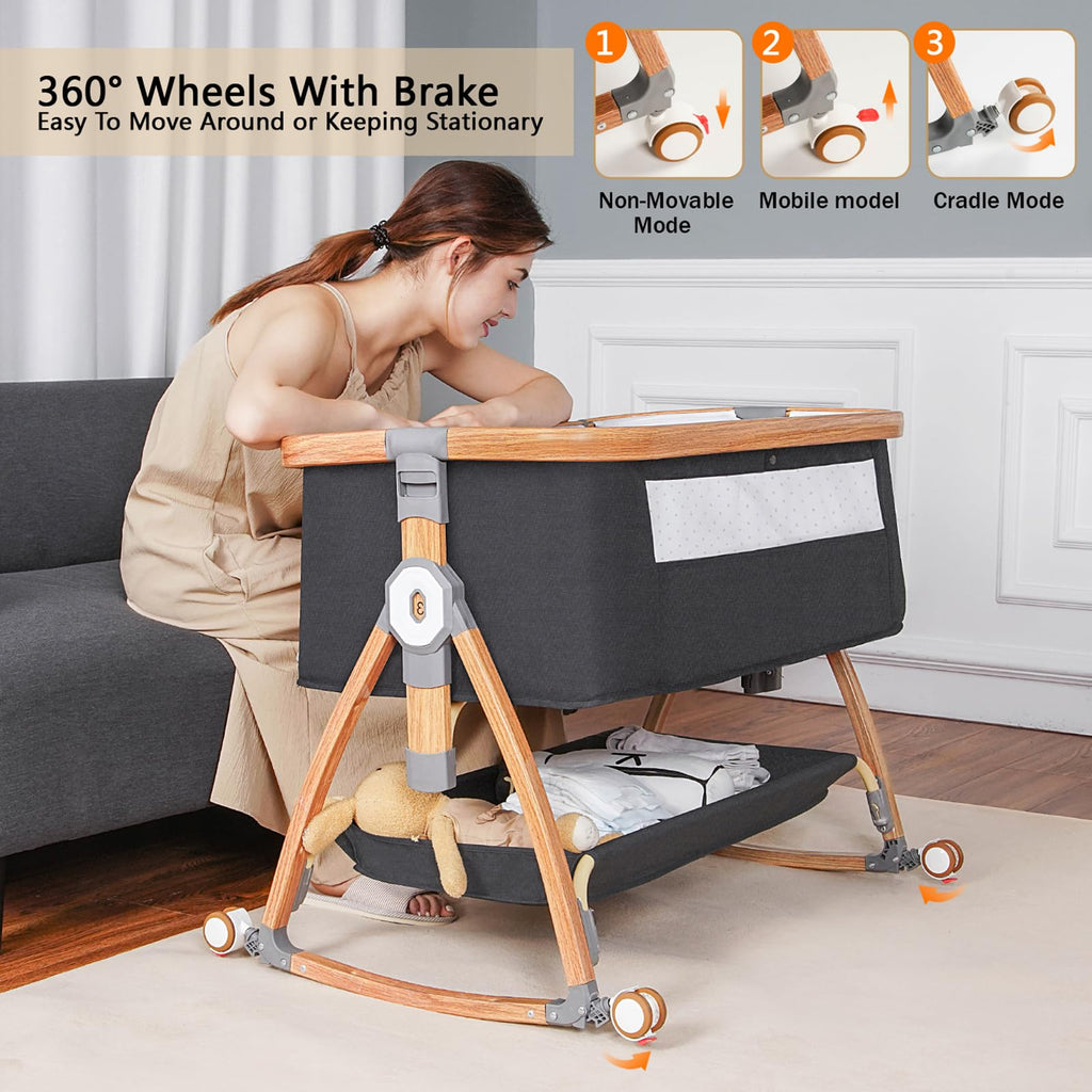 Komcot High Chair, Bedside Bassinet for Baby, 6 Height Adjustable Baby Bed, 3 in 1 Bassinet Bedside Sleeper with Wheels, Mosquito Net, Portable Bedside Crib for Infant/Baby/Newborn