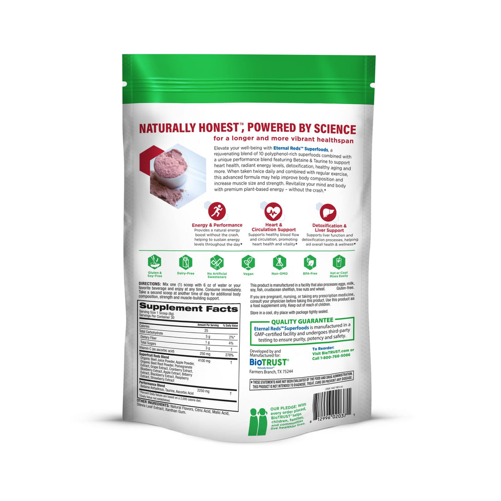 BioTrust Eternal Reds, Red Superfoods Powder, Support for Heart Health and Circulation, Energy, Stamina, No Added Sugar or Caffeine, Naturally Flavored and Sweetened, Berry Flavor (30 Servings)