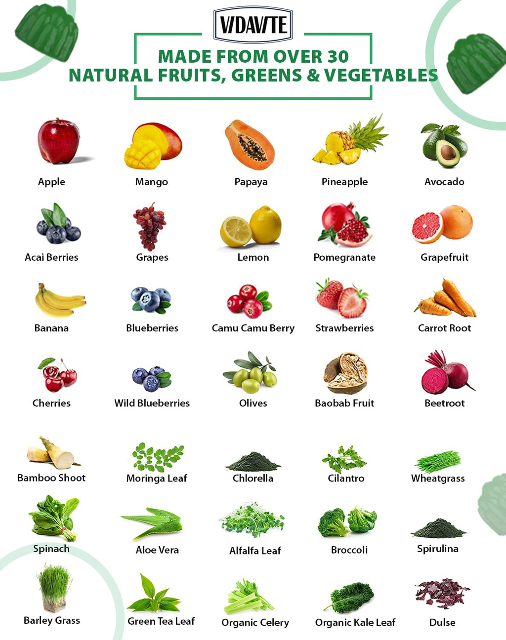 VIDAVITE Sugar-free Super Greens Gummies — US-Made, 35+ Fruit and Veggie gummies to Boost Immunity, Skin & Gut Health — Ideal Fruits and Vegetables Supplement for Adults & Picky Teens (30-Days Supply)