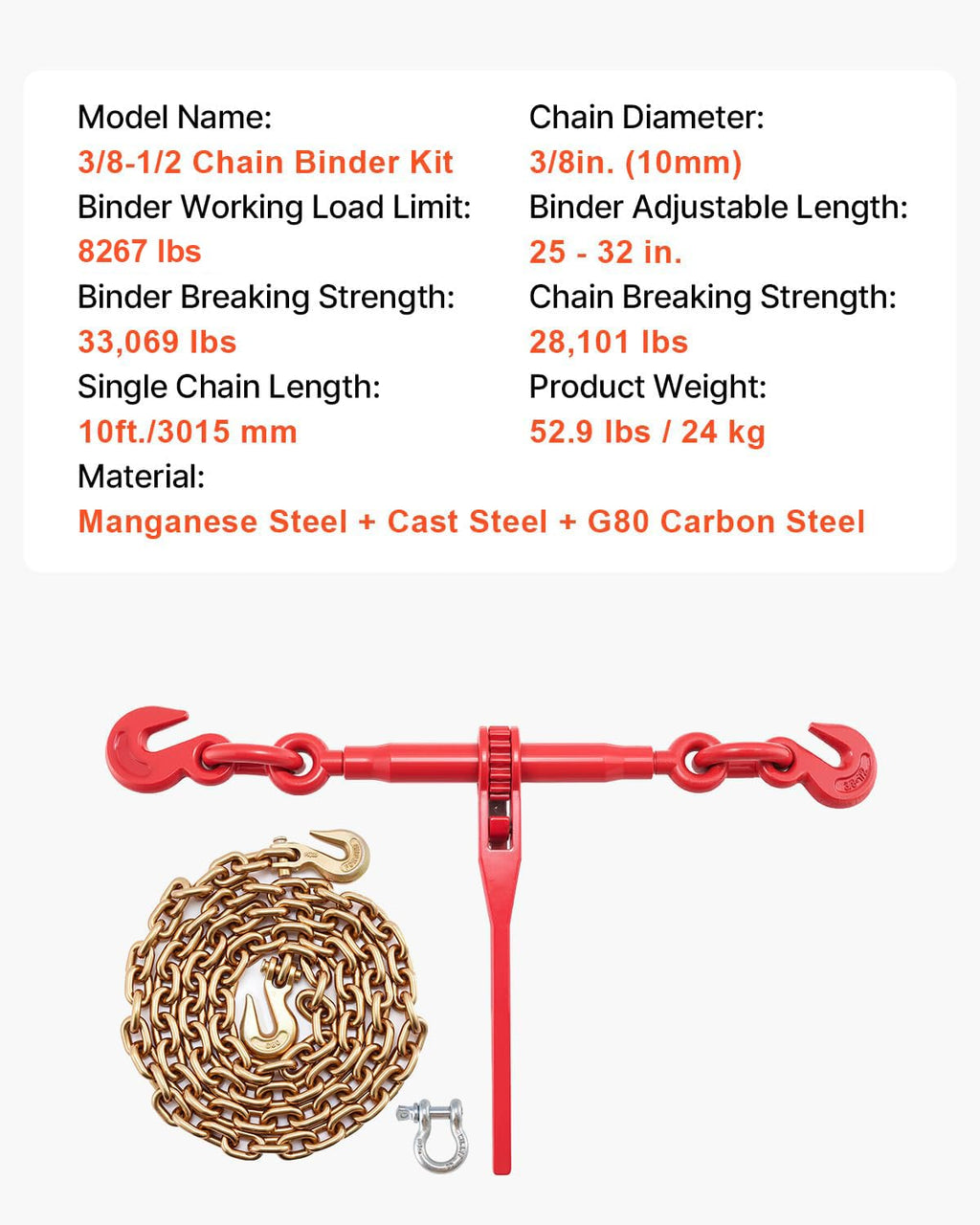 VEVOR Chain and Binder Kit 3/8 in-1/2 in, Ratchet Load Binders 8267 lbs Working Strength, Ratchet Binders and Chains, 3/8 in x 10 ft G80 Chains with G70 Hooks, for Truck, Tie Down, Hauling, Towing