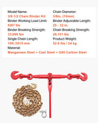 VEVOR Chain and Binder Kit 3/8 in-1/2 in, Ratchet Load Binders 8267 lbs Working Strength, Ratchet Binders and Chains, 3/8 in x 10 ft G80 Chains with G70 Hooks, for Truck, Tie Down, Hauling, Towing