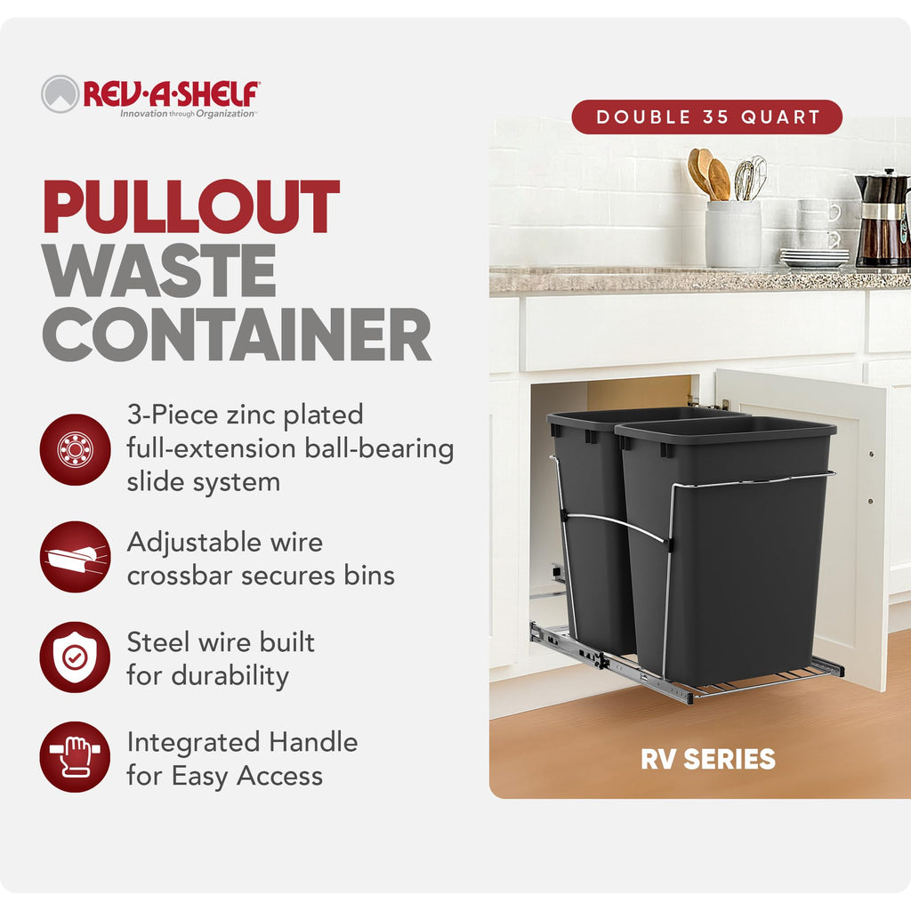 Rev-A-Shelf Double 35 Qt Pullout Trash Can for Base Kitchen Cabinets, Garbage Waste Bin System with Full-Extension Slides, Min Opening Width of 14.5", Black, RV-18KD-18C S