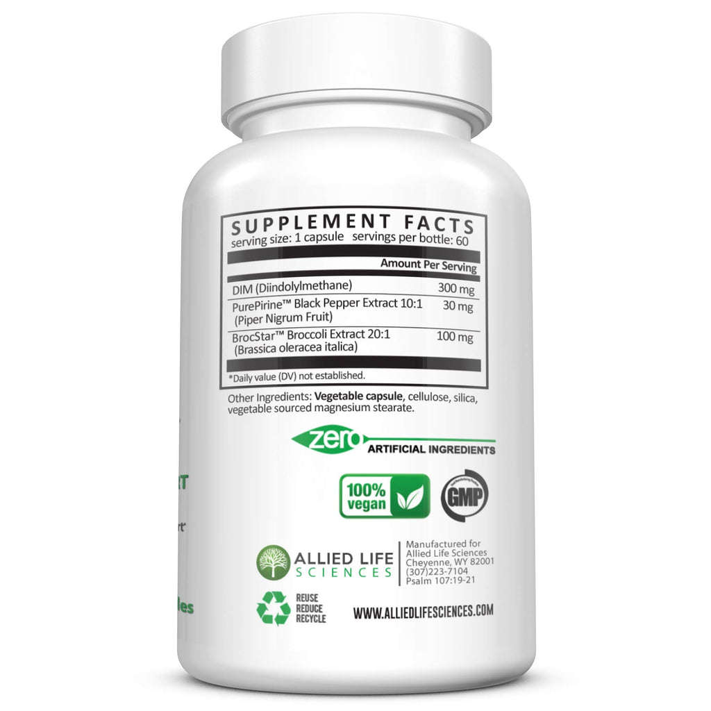 Allied Life Sciences DIM Supplement, 300 mg Diindolylmethane Plus Broccoli Seeds Extract Pills, Vegan Non-GMO, 60 Capsules | Made in The USA