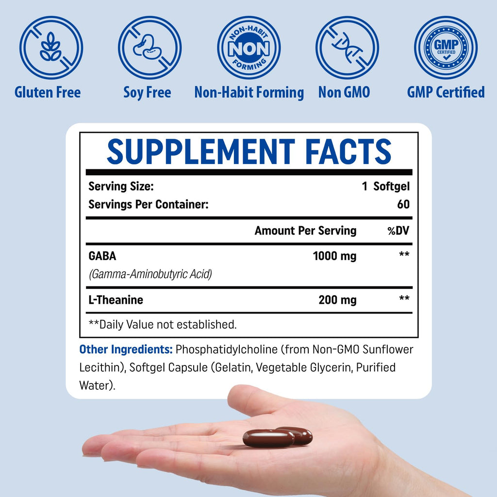 Genogna Liposomal GABA with L-Theanine 1200mg Supplements 1 Pack for Adults