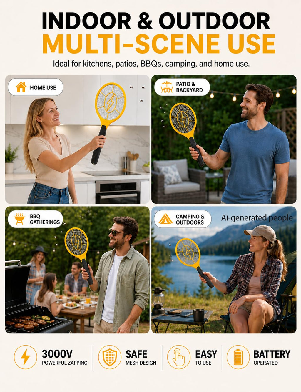 Electric Fly Swatter 2 Pack, Handheld Bug Zapper Racket for Mosquito & Insects, High Voltage Instant Kill, Lightweight Battery Powered Mosquito Zapper for Home, Patio and Camping