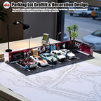 1/64 Diorama Garage, Garage and Display Case for Model Car, Scenic Diorama Display Car Park with 2 LED Street Lamps and 5 Outdoor Parking Spaces (American-Style Garage)