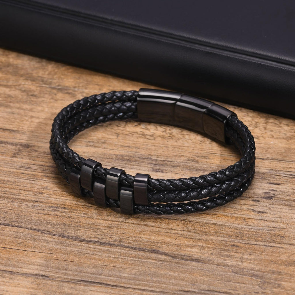 VNOX Personalized Name Dad Bracelet Giftsfor Men,Braid Leather Bracelets with 7 Custom Beads Name Bracelet for Husband Father Grandpa, Birthday Father's Day for Dad from Daughter Wife Son