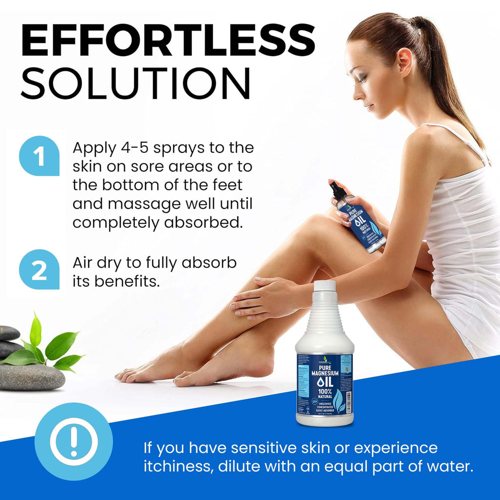 Pure Magnesium Oil Spray 32oz - Topical Magnesium for Sleep Extra Strength - Less Sting - Less Itch - 100% Natural and Organic Oil - Made in USA