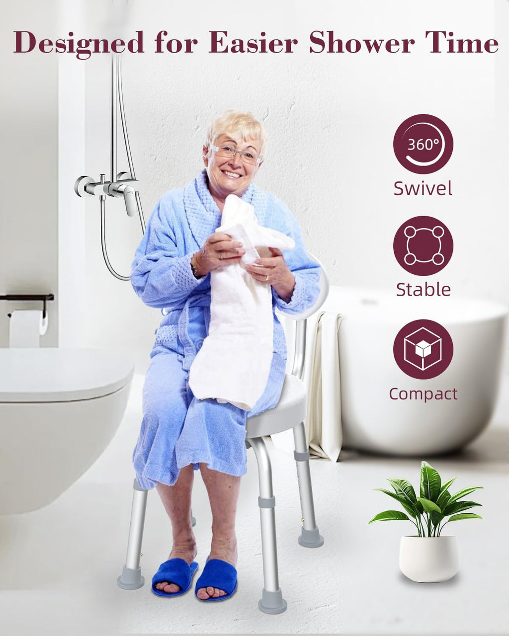Fvzzin Swivel Shower Chair, 360° Non-Slip Shower Seat with Backrest for Elderly and Disabled, Height Adjustable Rotating Tub Transfer Bench for Seniors Bathroom Inside Shower(White)