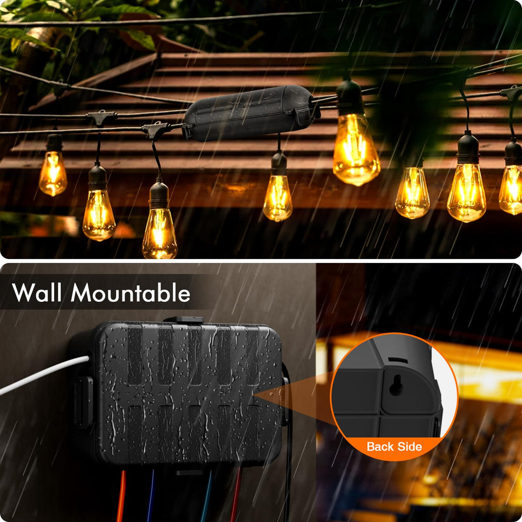 RESTMO IP54 Extra Large Outdoor Box w/ 6 Cable Seal Entry, Bundle w/ 4 Small Weatherproof Extension Cord Safety Cover, Protect Power Strip, Timer Outlet Plug, Christmas Decoration, Black.