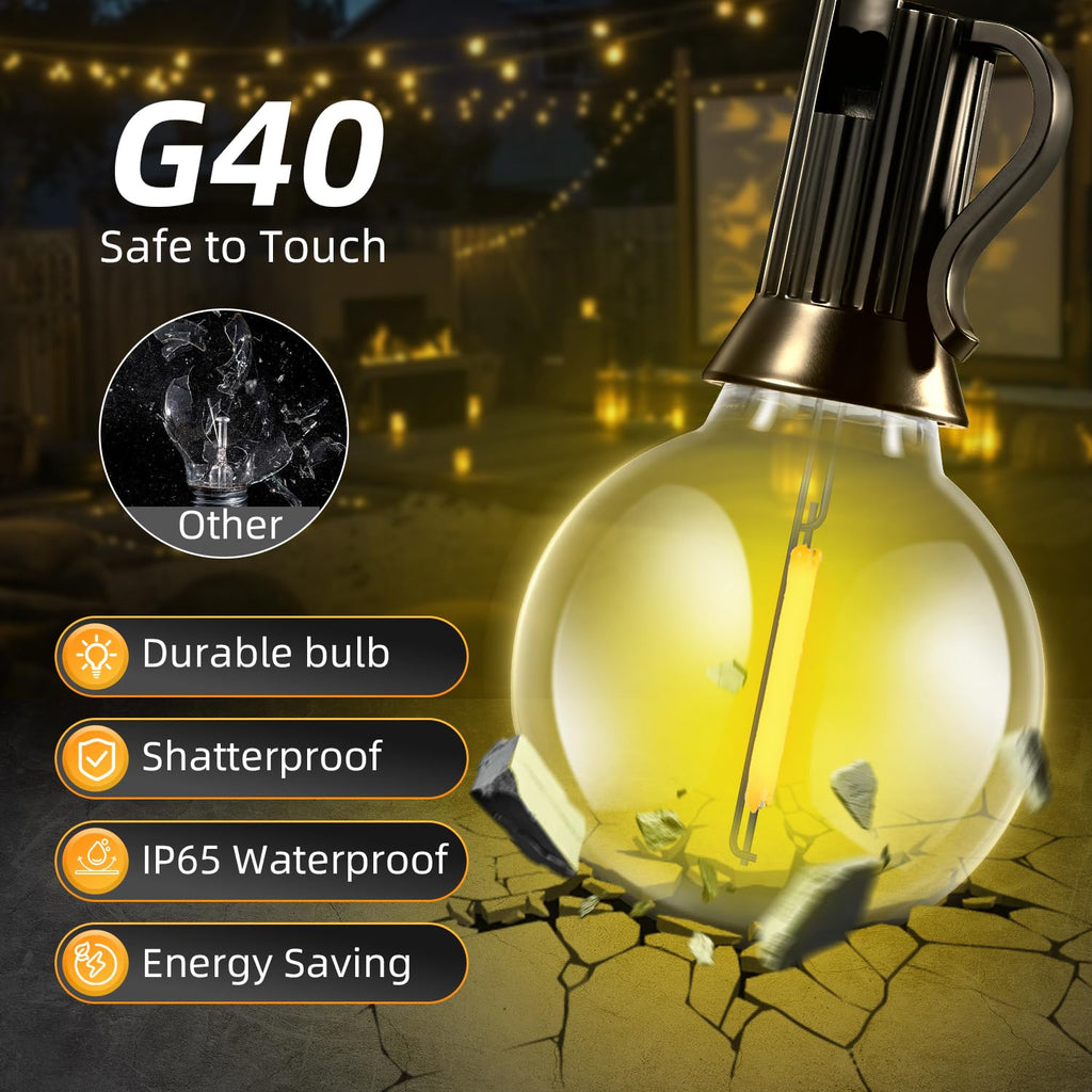 FUANXIEI 150FT Solar Lights Outdoor Waterproof: G40 45M Shatterproof Bulbs Patio Lights - Solar Powered Remote Control 3 Light Modes Dimmable Solar Light - Camping Backyard Garden Deck Outside Yard