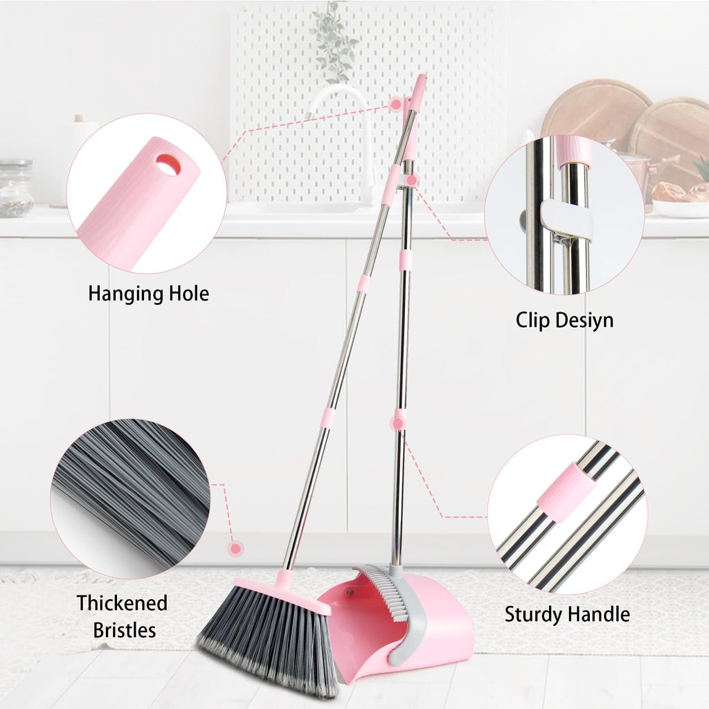 OOOFLOWER Broom and Dustpan Combo Set, Long Handle and Standing Dust Pan with Comb Teeth, Efficient Floor Cleaning for Kitchen, Outdoor, Dorm, Apartment, Office Lobby (Pink Gray)