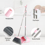 OOOFLOWER Broom and Dustpan Combo Set, Long Handle and Standing Dust Pan with Comb Teeth, Efficient Floor Cleaning for Kitchen, Outdoor, Dorm, Apartment, Office Lobby (Pink Gray)