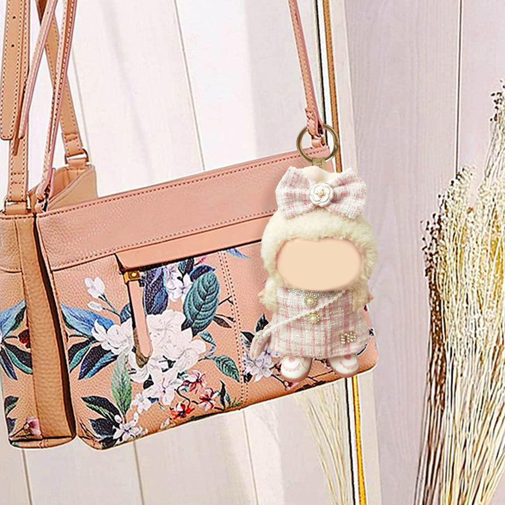 Clothes Compatible with LABUBU Doll – 4PCS Pink Tweed Charm Set, 17cm Doll Clothes Designer Outfit for Romantic Pastel Theme, Chic Stylish Accessories for Labubu, No Doll (Peachy Tweed Daydream)