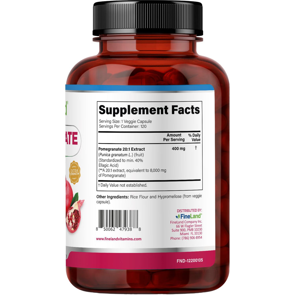 FineLand Pomegranate Extract 20:1, 40% Ellagic Acid Standardized, Antioxidant Supplement for Cellular & DNA Health, 120 Veg Capsules, 4-Month Supply