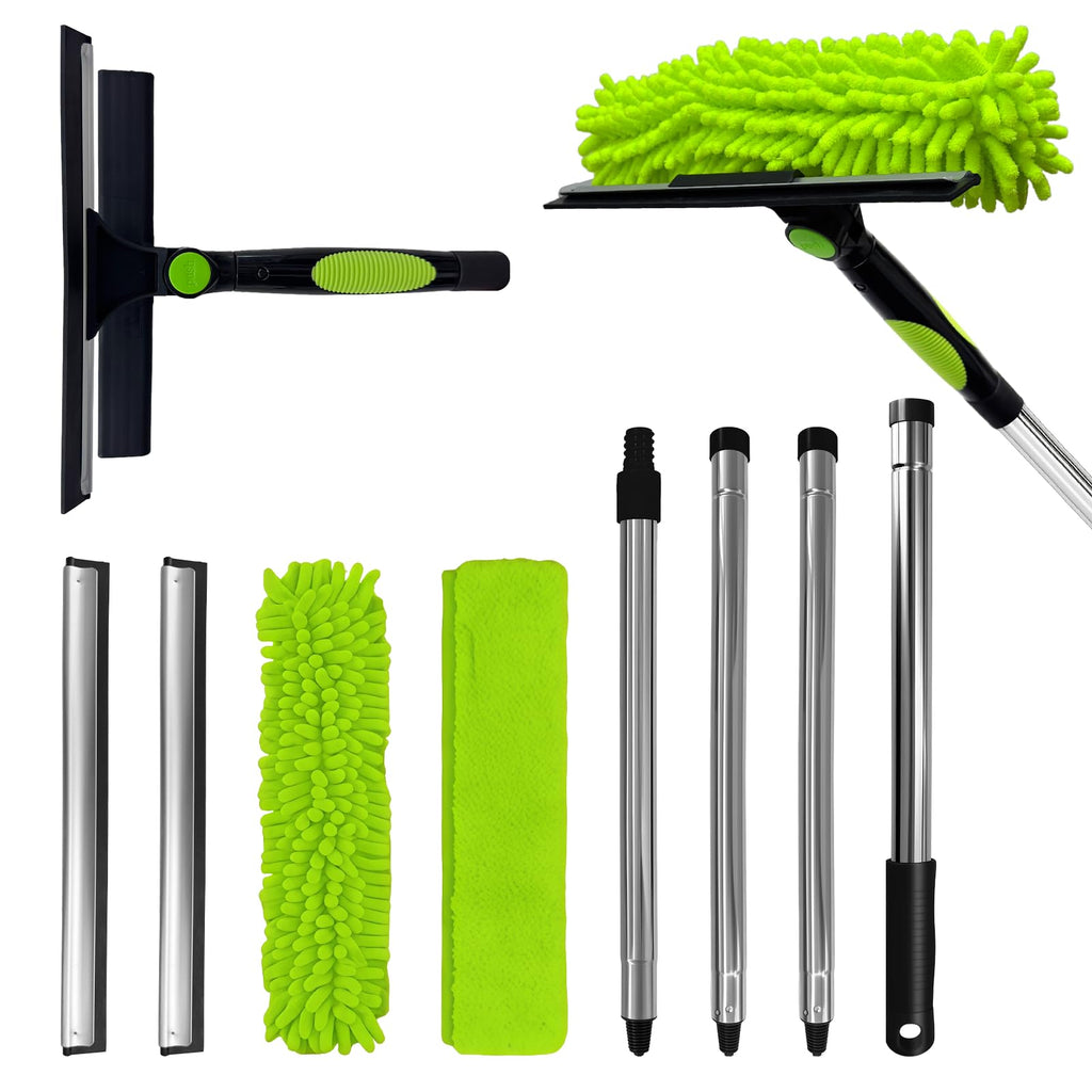 LILISPAI 67'' Window Squeegee Cleaner Tool with Extension Pole, 2-in-1 Squeegee for Window Cleaning Kit with Scrubber and Rotating Head, 2 Blade 2 Scrubber for Indoor & Outdoor High Windows