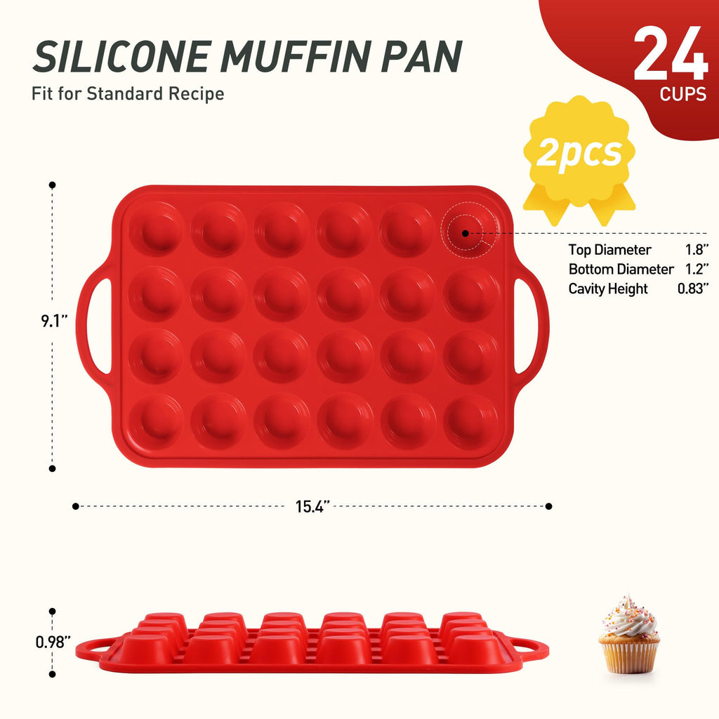 2 Packs 24 Cups Silicone Muffin Pan with Metal Reinforced Frame Mini Size Cupcake Pan Tray Egg Bites Silicone Circle Cookie Molds Muffin Tin Tart Pans Baking Sheet Set for Breakfast Sandwiches