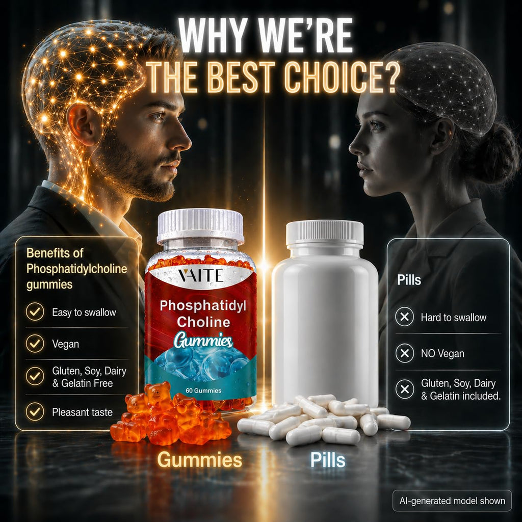 Phosphatidylcholine Gummies 600 mg (Sunflower Lecithin) 5-in-1 Choline Complex with Alpha GPC 150 mg, Phosphatidylserine 100 mg, Inositol 100 mg & Choline Bitartrate 50 mg for Daily Focus 60 Count