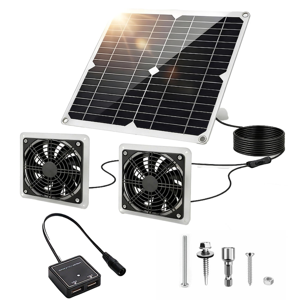 ywmvcm 20W Monocrystalline Solar Powered Fan Kit, IP54 Waterproof Dual Exhaust Fan with Control Switch & USB Ports for Chicken Coop, Greenhouse, Shed, RV, Outdoor Ventilation