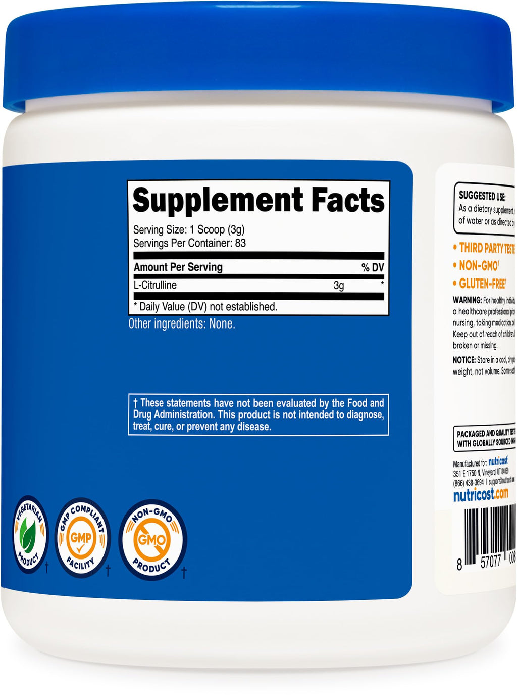 Nutricost Pure L-Citrulline (Base) Powder (250 Grams) 3g Per Serving
