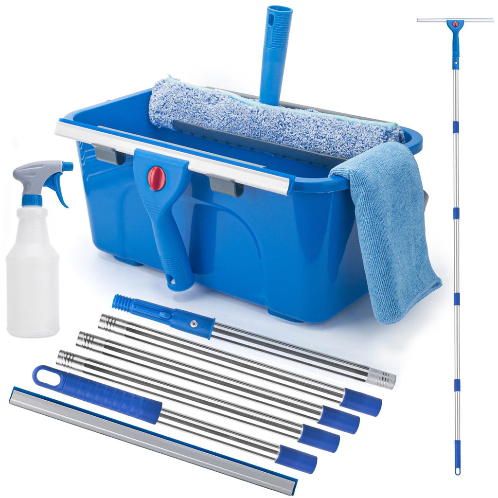 Window Cleaning Kit for Home and Commercial Use, 6 Ft Long Handle Professional Glasses Cleaner Squeegee with 3 Gallon Bucket and Spray Bottle and Scrubber, Car Windshield Washing Tool