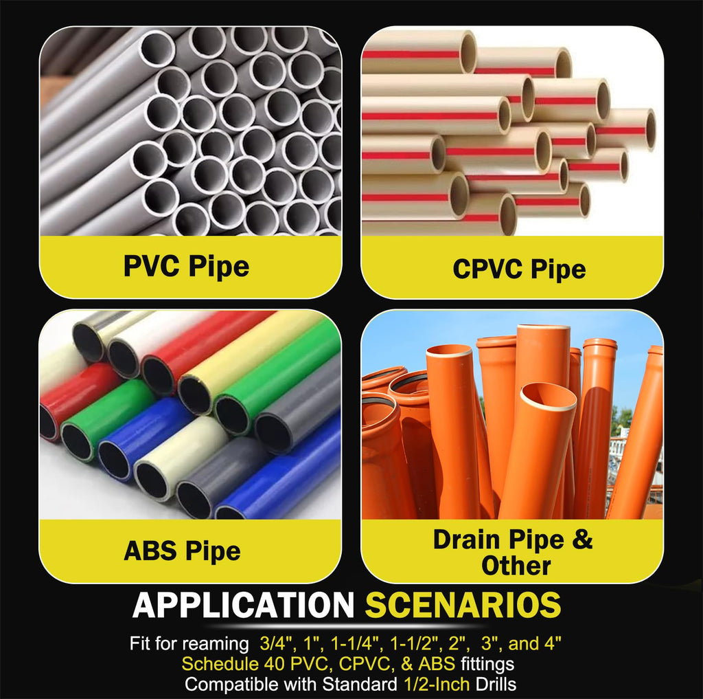 Premium 7Pcs PVC Pipe Reamer Kit For 1/2" Drills- Includes 3/4", 1", 1-1/4", 1-1/2", 2", 3", 4" Compatible with Standard 1/2" Drills,For SCH40 PVC, ABS PVC Pipe,CPVC Perfect for Plumbing Repairs