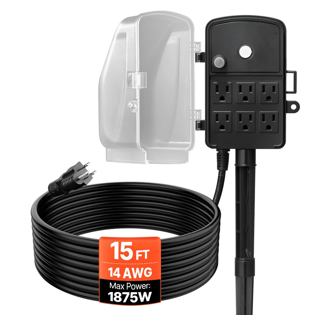 VEVOR Outdoor Power Stake, 15 FT Extension Cord, Outdoor Power Strip Weatherproof with Cover and Overload Protection, 6 Outlets, 15A/1875W, Waterproof Multi-Outlet Yard Stake for Christmas Lights