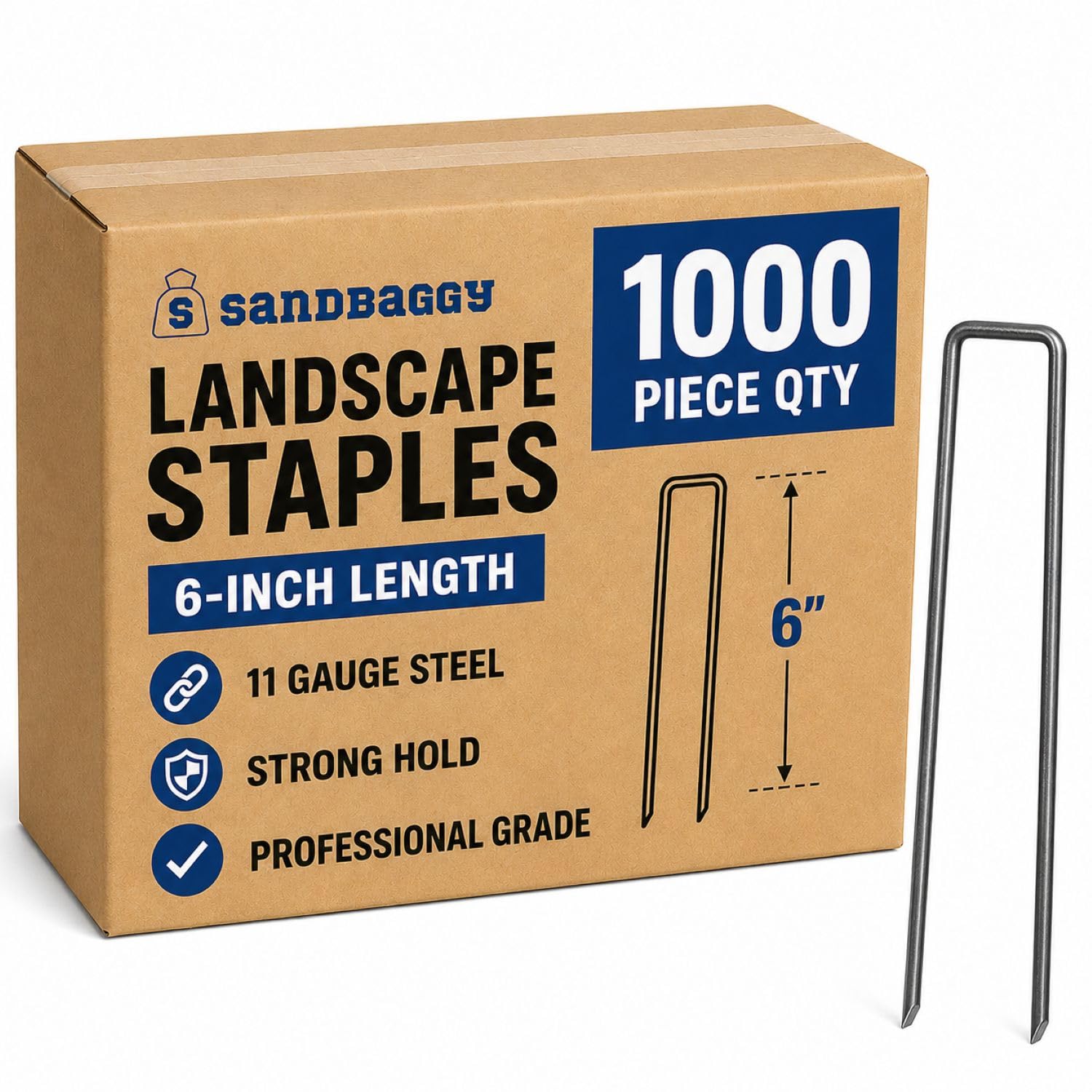 Sandbaggy 6 Inch Landscape Staples, 1,000 Pack 11 Gauge Heavy Duty Steel Garden Staples, Square Top U Pins for Weed Barrier Fabric, Sod, Turf, Netting and Drip Irrigation Tubing