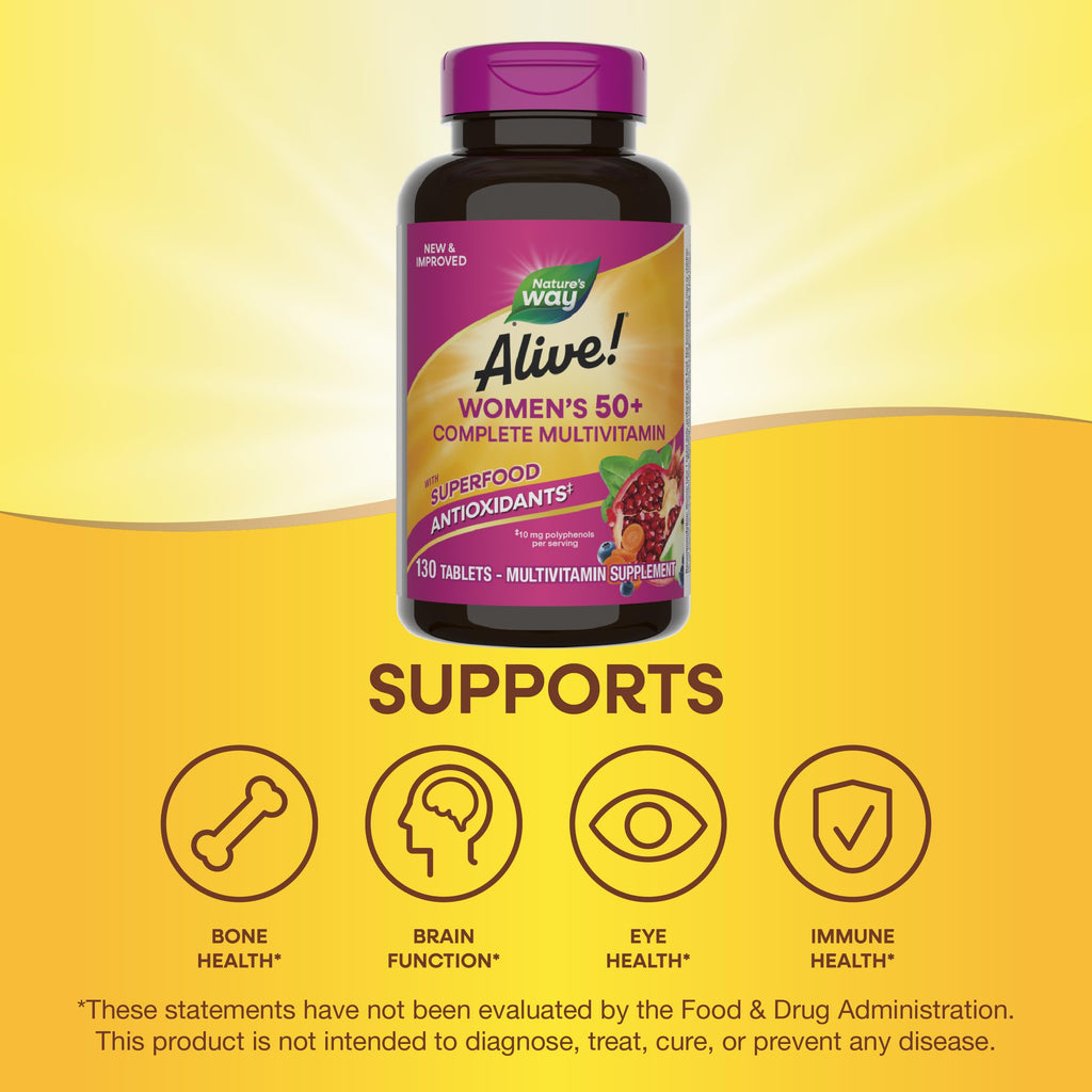 Nature's Way Alive! Women's 50+ Complete Multivitamins, Supports Healthy Heart, Brain, Bones*, Superfood Antioxidants(1), B-Vitamins, Gluten Free, 130 Tablets (Packaging May Vary)