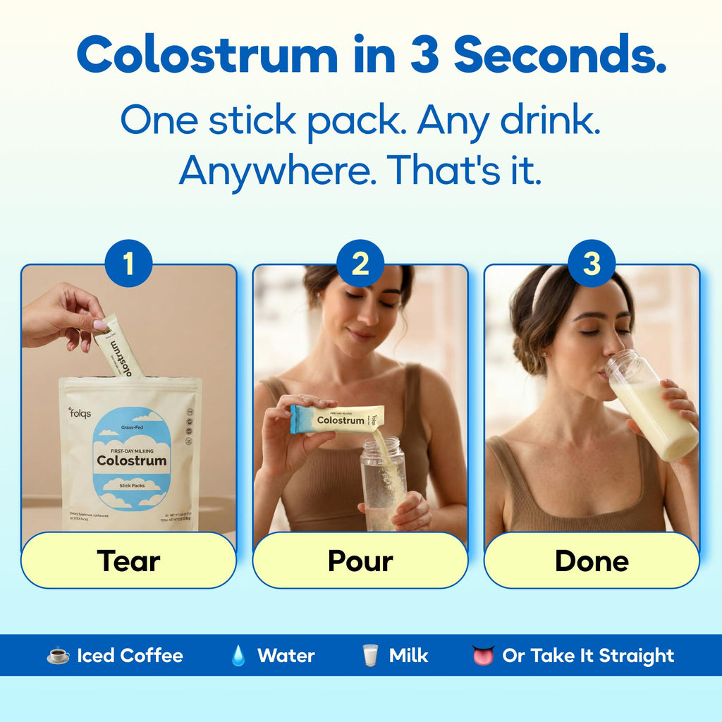 Folqs Bovine Colostrum Powder - First-Day Milking for Immune and Gut Support - 30 Servings - Supports Skin, Tissue Health - Made in USA - Amino Acids, Vitamins, Minerals - Kosher - Sustainably Sourced