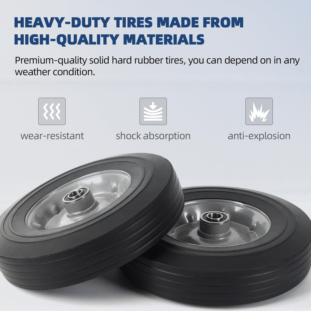AR-PRO (2-Pack) 10" x 2.5" Flat Free Solid Rubber Replacement Tires - Flat-Free Tire and Wheel for Hand Trucks and Wheelbarrows with 5/8" Axles